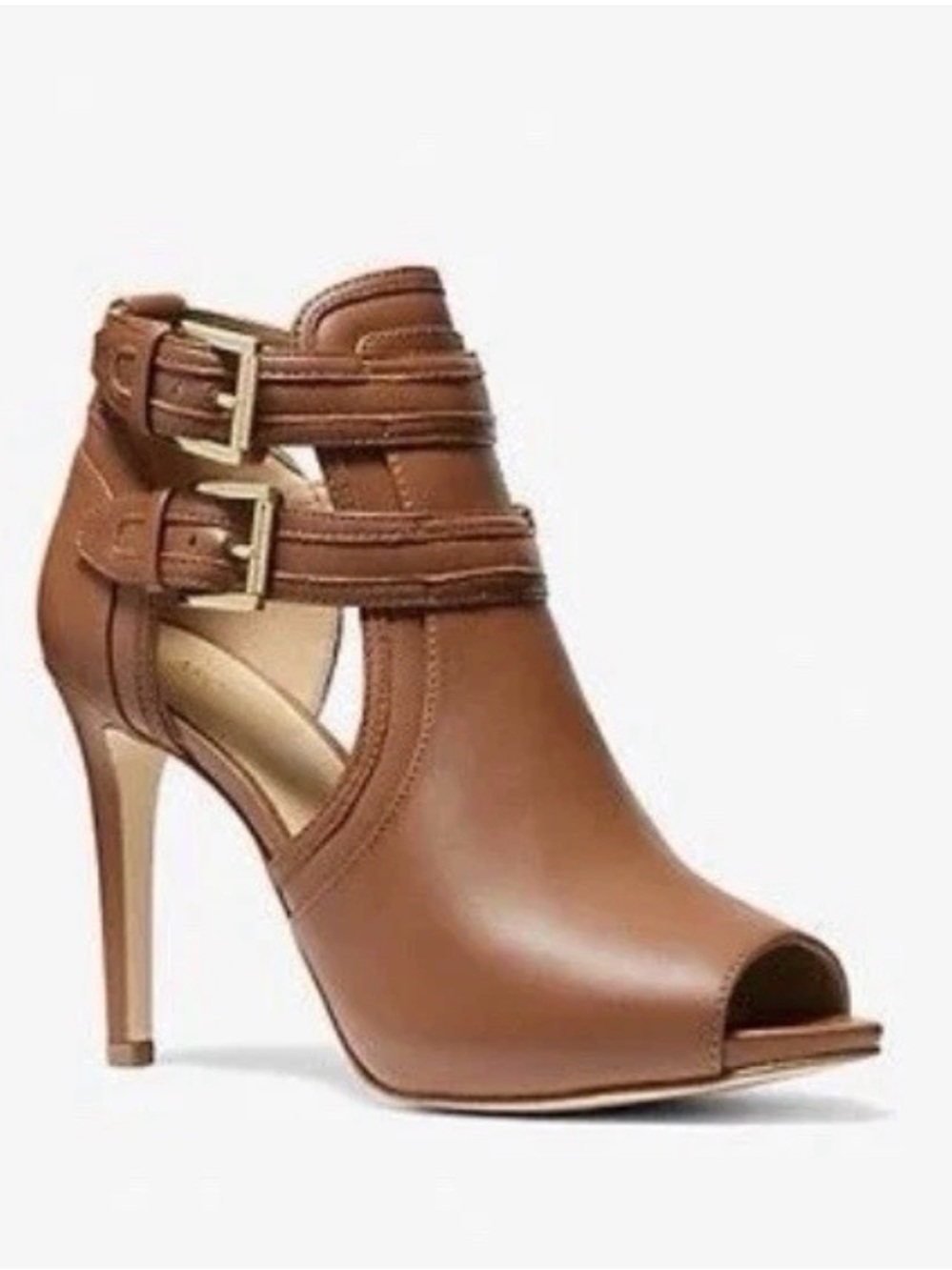Michael Kors Chestnut Brown Peep-Toe Stiletto Ankle Boot with Double Buckles s11